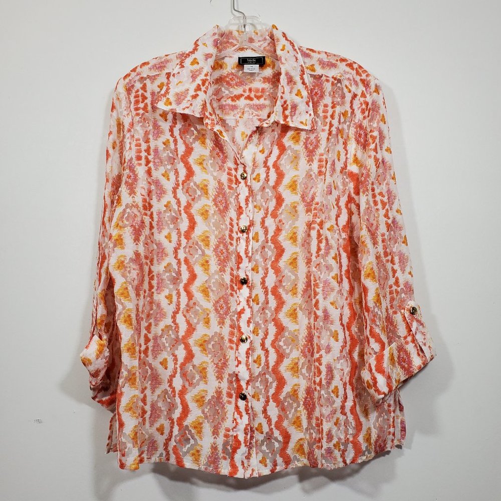 Lark Lane 3/4 Cuff Tab Sleeve Semi Sheer Design Throughout Button Front …‎